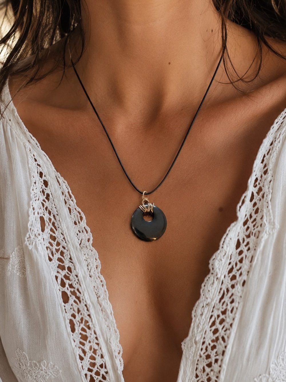 Hematite style Donut Pendant Necklace on Black Cord